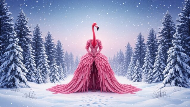 A majestic pink flamingo in a lavish feather gown stands in a snowy forest