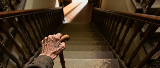 Senior Pausing At Top Of Dim Indoor Staircase, Hand On Cane Near Railing, Cautious Posture, Muted Evening Light, Tension Between Independence And Safety, Home Environment With Wooden