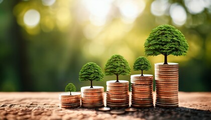 a visual representation of financial growth with miniature trees on stacked coins against a blurred nature background