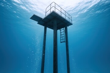 Naklejka premium Underwater Diving Platform in Deep Blue Sea: Aquatic Recreation and Marine Exploration