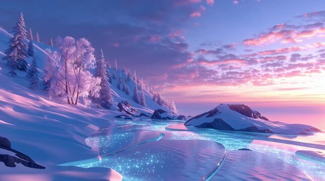 romantic winter sunset over icy river, frozen river landscape in golden sunset light, serene icy river at winter dusk
