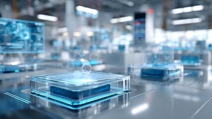 Close up view of a high tech laboratory setup featuring a central platform with holographic projections set against a backdrop of advanced digital displays and industrial hinery