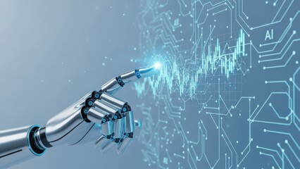 Robot's finger is pointing at a computer screen with a lot of wires