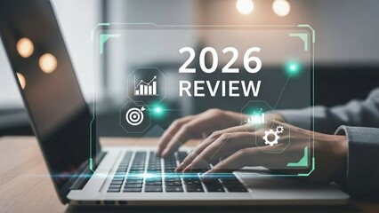 Business professional typing on laptop with futuristic 2026 review interface overlay showcasing data analysis and business insights on a modern workplace setting.