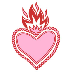 Flaming pink red heart with red beaded border. Hand drawn illustration for Valentine's Day or romantic designs. Cute decorative burning frame isolated on white background. Vector.