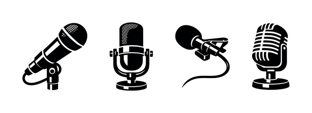 Microphone vector icons set: retro, modern, audio equipment, recording symbols