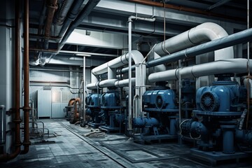 Industrial basement machine room featuring pumps and intricate piping systems