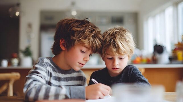 Two young brothers collaborate on their schoolwork at a wooden table in a sunlit room one writing while the other observes capturing a moment of childhood learning and familial connection