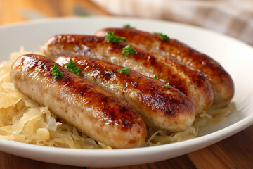 Grilled sausages served on a plate with a bed of sauerkraut, showcasing a delicious and hearty meal perfect for gatherings and culinary experiences with vibrant colors and textures