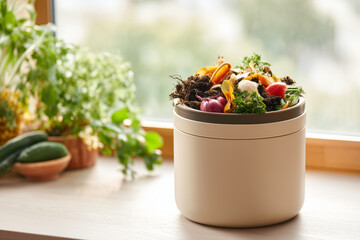 Compost bin filled with organic waste including vegetable scraps and peels, placed on a wooden kitchen countertop near fresh apples and greenery, promoting sustainable living and eco-friendly practice