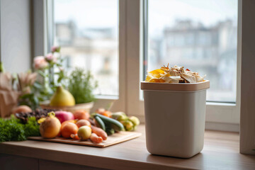 Compost bin filled with organic waste including vegetable scraps and peels, placed on a wooden kitchen countertop near fresh apples and greenery, promoting sustainable living and eco-friendly practice