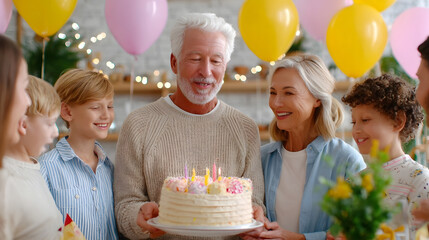 Happy grandparents and grandchildren gather for a festive birthday party smiling around a cake adorned with lit candles amidst balloons and twinkling lights