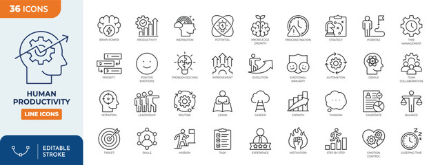 Obraz premium Human productivity line editable icon set. Containing Productivity, efficiency, task, focus, target, growth, routine, and more. Editable stroke. Vector illustration