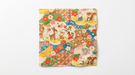 昭和レトロな千代紙と可愛い動物や花柄のカラフルなデザイン generative ai