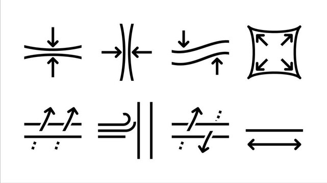Material properties animated icons. Linear dynamic icons - elastic, compression, wind resistance, breathability, hygroscopicity, air retention, wind resistance, flexible. 4K video icon set.