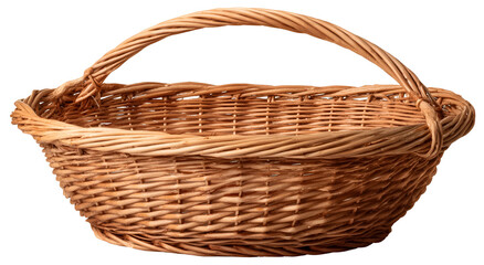 Obraz premium Close-up studio shot of a woven wicker basket with an arched handle and oval shape