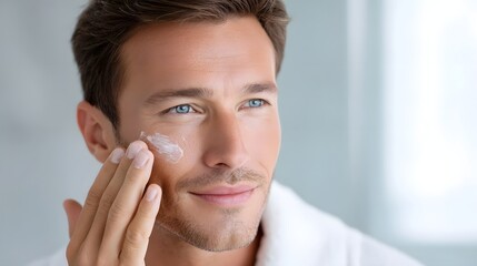 Close up of a man applying facial moisturizer cream to his cheek  This image represents a personal grooming ritual and healthy skincare for men promoting wellness