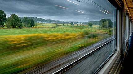Train window view, looking out at a moving landscape (green fields), motion blur, railway journey concept, nostalgia 