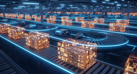 Futuristic Automated Logistics System with Glowing Packages on Conveyor Belts in a High-Tech Warehouse Environment.