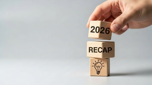 Hand placing wooden block with year 2026 on stack with recap text and light bulb symbolizing review and planning