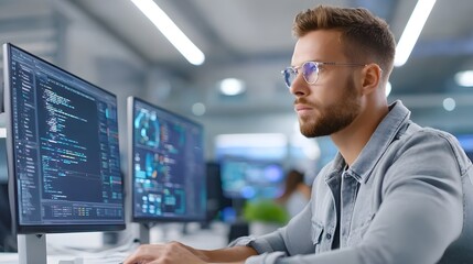 A professional developer wearing glasses is engrossed in coding and data analysis on multiple screens highlighting a high tech work environment with bright lighting and modern equipment