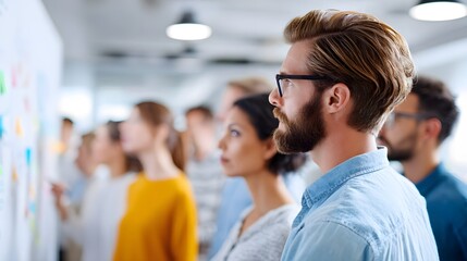 A focused team engages in strategic planning and discussion using sticky notes on a whiteboard for innovation and project development in a bright co working environment