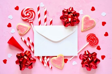 Top view photo of birthday composition with red ribbon stars serpentine confetti heart-shaped cookies bright decorations and white closed envelope in the middle.