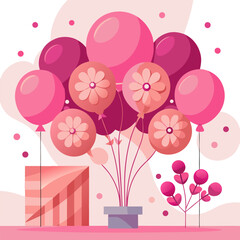 A pink wall with a bunch of pink balloons and a bunch of pink flowers