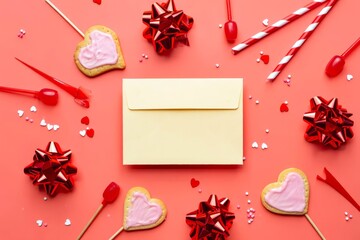 Top view photo of birthday composition with red ribbon stars serpentine confetti heart-shaped cookies bright decorations and white closed envelope in the middle.