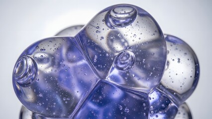 Close-up of interconnected translucent bubbles with a purple hue and trapped air bubbles, creating an abstract and scientific visual.