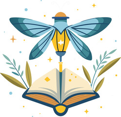 A moth drawn to the glowing pages of a book like it&rsquo;s a lantern (readers attracted to stories like moths to light).