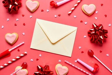 Top view photo of birthday composition with red ribbon stars serpentine confetti heart-shaped cookies bright decorations and white closed envelope in the middle.