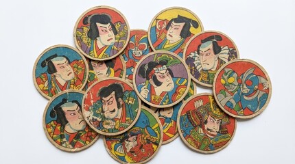 昭和レトロな面子（めんこ）と武者やヒーローのカラフルなイラスト generative ai