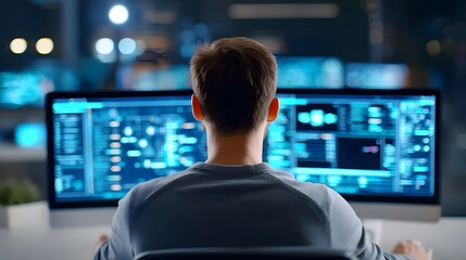Back view of a focused individual working late on a multi monitor setup immersed in lines of code and complex data visualizations within a futuristic tech environment