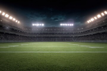 Obraz premium Brightly lit football stadium at night with empty field under dramatic sky