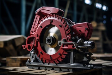 Red circular saw tool for woodworking and construction projects in a workshop environment