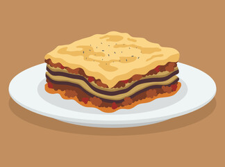 traditional Greek moussaka on a white plate. Features layers of roasted eggplant, savory meat sauce, and a thick bechamel topping