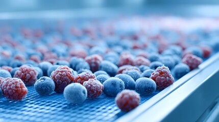 A detailed close up view of frozen blueberries and raspberries resting on a fine mesh tray glistening with frost suggesting freshness and preservation