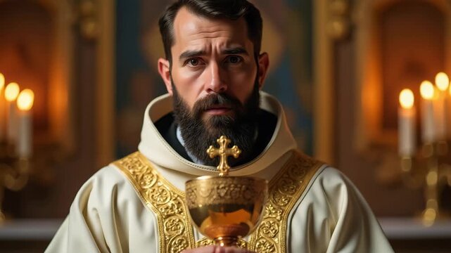 A solemn priest holding a golden chalice in a church. Close-up of a man in vestments during a holy communion ceremony. Faith and religion concept