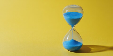 Glass hourglass with blue sand on yellow background