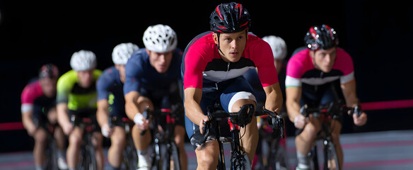 A determined group pedals fiercely in an intense competitive indoor cycling sprint event