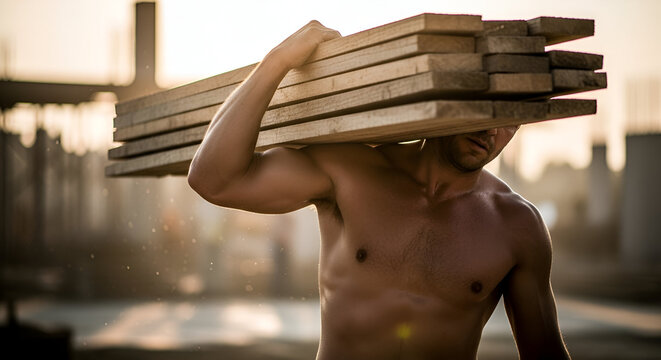 Dedicated Builder Carrying Lumber: A strong, shirtless builder shoulders a stack of wood planks, embodying the essence of hard work and construction under the warm glow of the sun.
