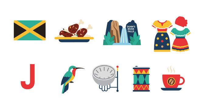 Jamaica travel icons: flag, food, waterfall, clothing, bird, music, coffee