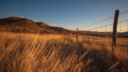 Obraz premium Golden Meadow Landscape at Sunset with Barbed Wire Fence and Distant Hills