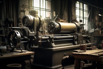 Lathe machine creating metal components in a traditional engineering factory