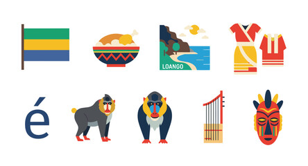 Fototapeta premium Gabon cultural symbols and landmarks, a collection of flat design icons