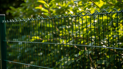 Green boundary fence against the background of dense vegetation that creates a sense of enclosure