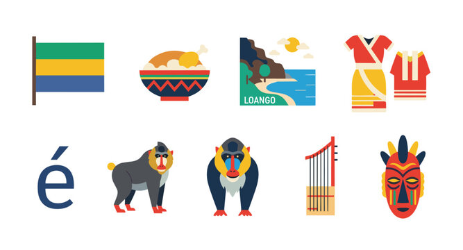 Gabon cultural symbols and landmarks, a collection of flat design icons