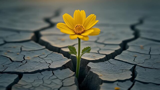 Yellow Flower Growing Through Dry Cracked Earth Symbolizing Resilience and Hope