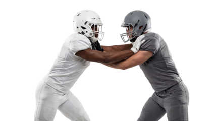 Two American football players in a physical grapple on transparent background